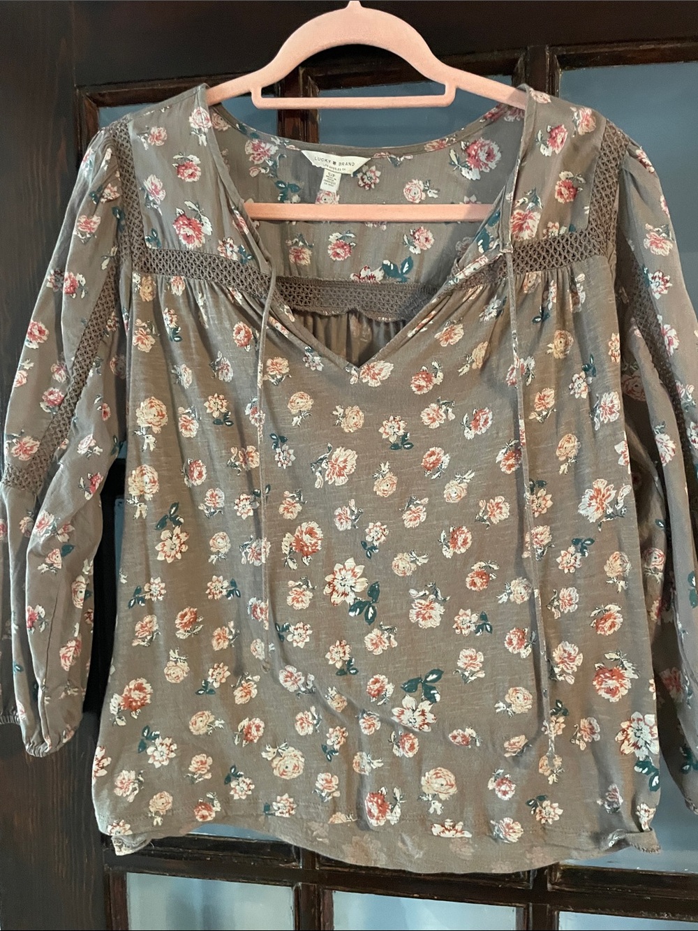 Lucky Brand Taupe Floral Peasant Blouse with Cream & Pink Flowers